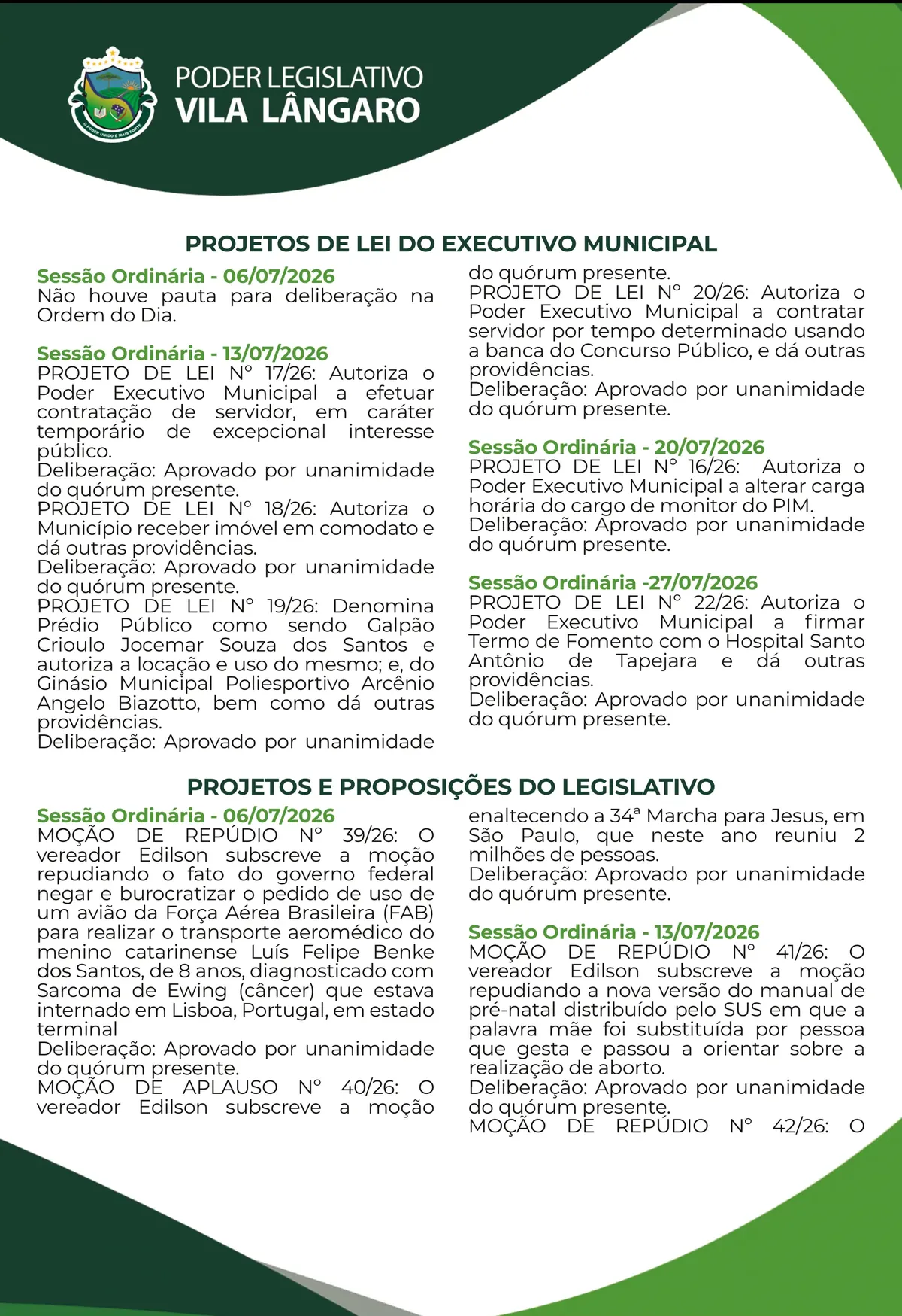 Anúncio de Câmara de Vereadores de Vila Lângaro