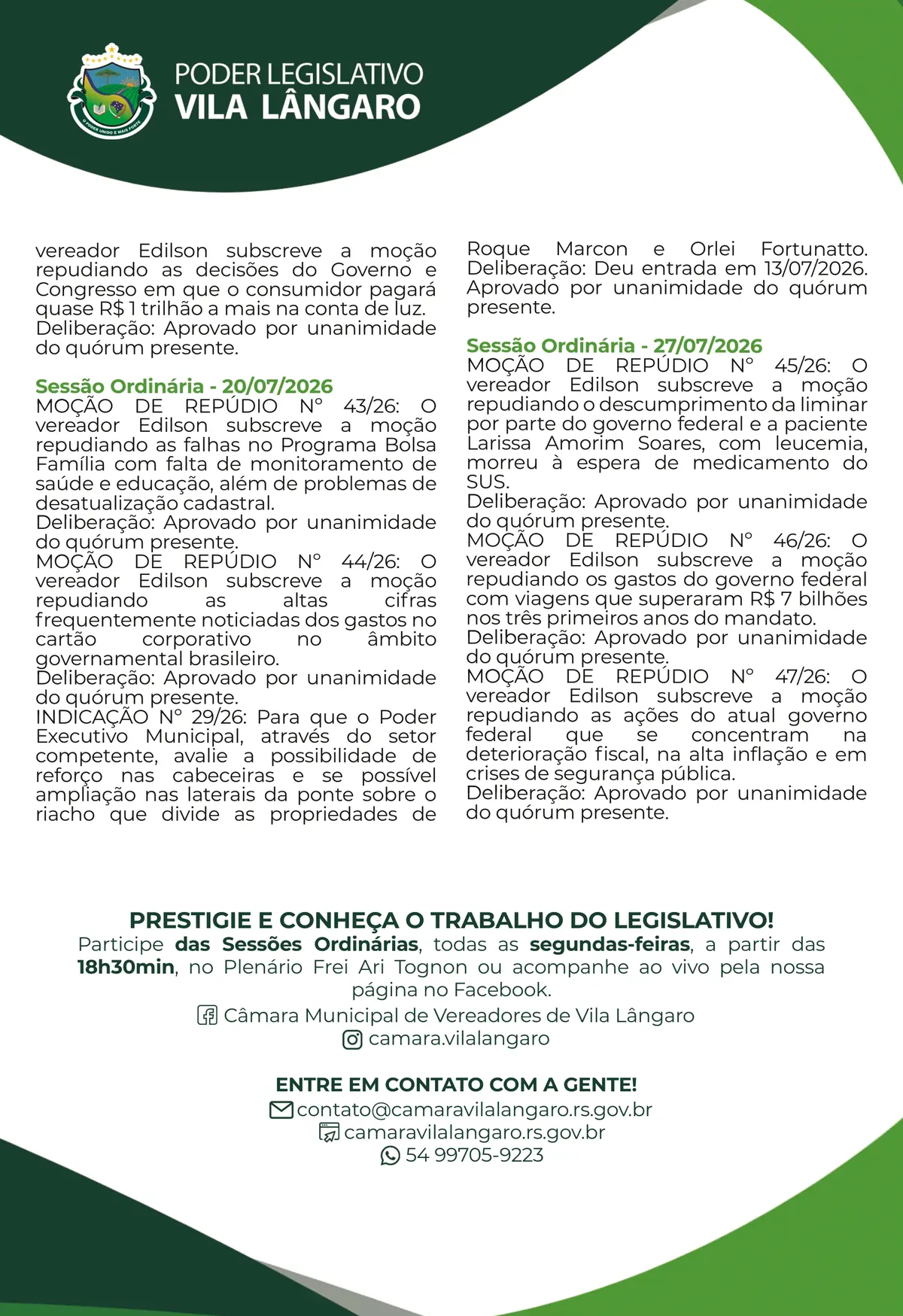 Anúncio de Câmara de Vereadores de Vila Lângaro